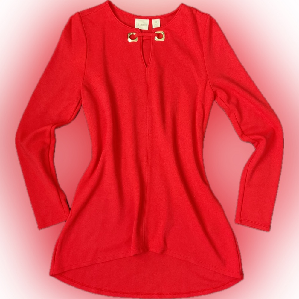 Chico’s Fashion Knit Top with Hardware Detail and Shirttail Hem I Red - Size 0
